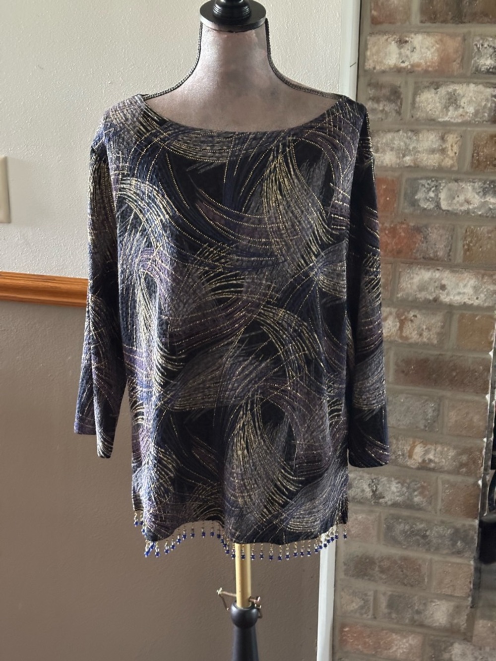 Coldwater Creek Metallic Swirl Knit Top - Black, Gold, Purple